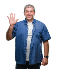 Canvas Print - Handsome senior man over isolated background showing and pointing up with fingers number five while smiling confident and happy.