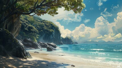 Wall Mural - Beach with Tree and Cliff