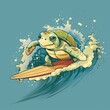 Cartoon turtle on surfboard adventurous