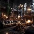 Luxury living room with fireplace and books. 3d rendering