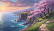 A beautiful coastal scene with a path leading to the ocean, a cliff overlooking the water, and pink flowers on the cliff.