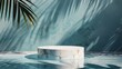 Marble podium stand in the pool with palm shadows. Perfect summer background for showcasing luxury products.