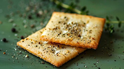 Wall Mural - A closeup of square crackers, arranged on top of each other against a light green background. Rosemary, thyme, salt crystals. Generated by artificial intelligence.