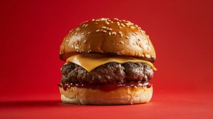 Wall Mural - A burger on mono color studio with red background, product shooting vibes, the burger patty looking delicious. Generated by artificial intelligence.