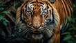 A tiger is standing in front of a wall. The tiger has a very intense look on its face