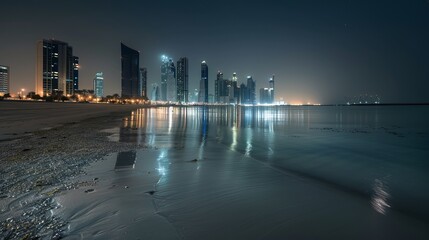 Picturesque beach along the Corniche with captivating skyline views of Abu Dhabi's towering skyscrapers at night.