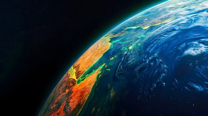 half of the planet earth view from space micro-organisms activity changes the color of the ocean's surface from blue to green and orange and red