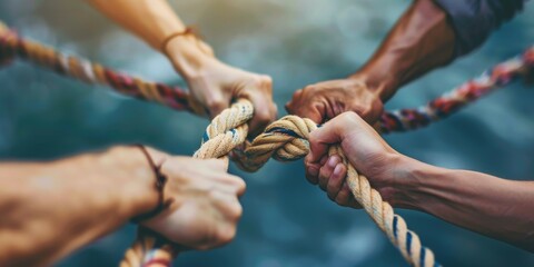 diverse hands intertwine colored ropes, symbolizing strength and unity in collaboration, generative 