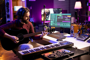 Leinwandbilder - Young singer playing acoustic guitar and creating music with electronic tools in home studio, using daw software interface on pc. Sound producer recording tunes and mixing sounds on stereo console.