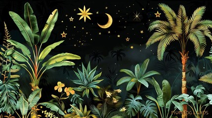 Wall Mural - Tropical night-themed border with vintage palm and banana trees, plants, moon, and stars on a black background. Ideal for a jungle wallpaper with an exotic feel.