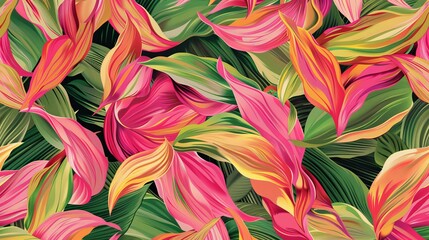 Wall Mural - Vibrant floral pattern featuring interwoven leaves in shades of pink, green, and yellow. Ideal for fabrics and prints, this abstract leaf design adds a touch of nature and elegance.