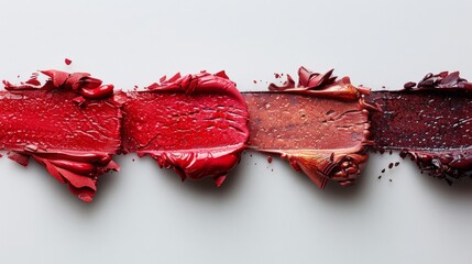 A set of lipstick smudges isolated on a white background. Samples of smudged makeup products.