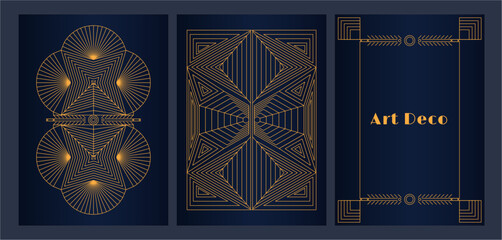 Aufkleber - Luxury art deco cover and frame design set. Linear style geometric design template used for banners, packaging design, posters, wedding invitation, brochure cover, lux catalog in gold and blue color 