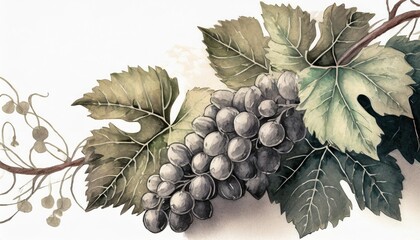 Wall Mural - grapevine and grapes hand drawing on white wine leaves and bunch of grapes retro decorative illustration