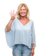 Wall Mural - Middle age blonde business woman over isolated background showing and pointing up with fingers number four while smiling confident and happy.