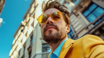 Wall Mural - A man in a yellow jacket and sunglasses standing outside, AI