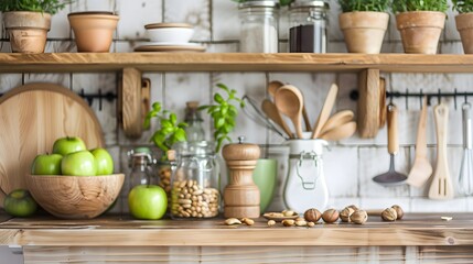 Wall Mural - Kitchen tools and kitchenware utensil object with ingredients and mix nut with green apple on kitchen shelf wood white for healthy eat and health care life.
