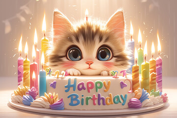 A cake celebrating a birthday with a kitten, many colorful candles, and the words 