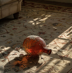 an old red vaze broken on the floor of a living room with shades of brown, golden and yellow , diffraction gradation