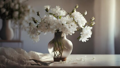 Wall Mural - elegant white flowers in a vase on a bright table simple and beautiful home decor