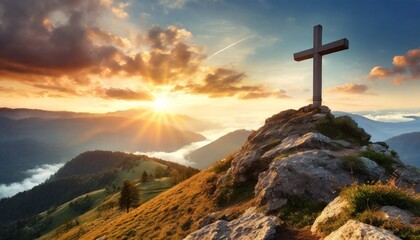 Wall Mural - crucifixion of jesus christ at sunrise a christian cross on top of a hill at sunset easter and christian concept horizontal background copy space for text