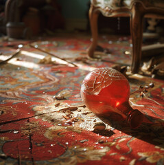 an old red vaze broken on the floor of a living room with shades of brown, golden and yellow , diffraction gradation
