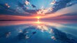 A sunset over a calm body of water with clouds in the sky, AI