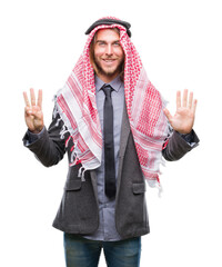 Poster - Young handsome arabian man with long hair wearing keffiyeh over isolated background showing and pointing up with fingers number eight while smiling confident and happy.