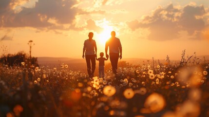 Canvas Print - A couple and a child walking through the field at sunset, AI