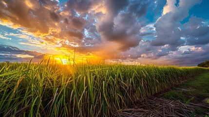 Sugarcane field and cloudy sky at sunset
