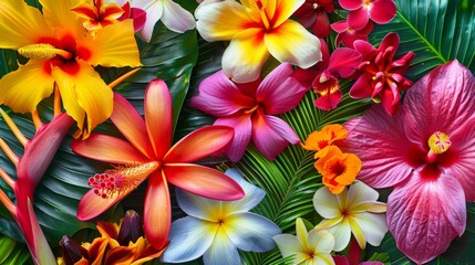 Wall Mural - A bunch of flowers with leaves on a table