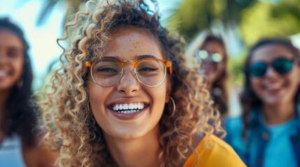 Wall Mural - A woman with glasses smiling while standing in front of other people, AI