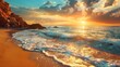A beach with waves crashing on the shore and a sunset, AI
