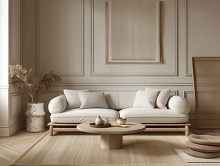 Wall Mural - A living room with a white couch, a coffee table, and a vase with flowers on it