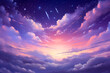 Beautiful pastel-colored, purple night sky and cloud illustration. Mysterious starry sky and nebulae. Vivid colors, dreamy cloudscape. Heavenly, zenith, creative, animated style.