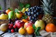 Assorted fresh fruits on rustic wood, vibrant colors, bountiful harvest. Homely, healthful abundance, textured surface.