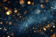 Abstract navy blue background with shimmering gold particles, bokeh effect, and foil texture