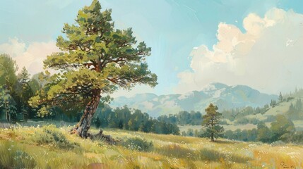 Wall Mural - Tree in Field with Mountain Backdrop