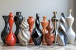 Decorative earthenware vases in an array of designs and hues create a striking display.
