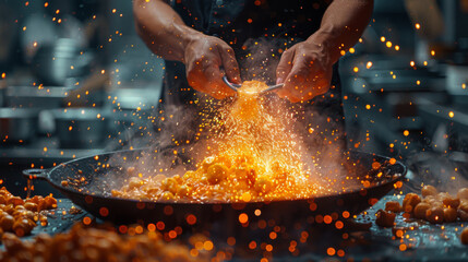 Wall Mural - chef hands keep wok with fire. closeup chef hands cook food with fire. chef man burn food at profess