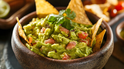 Wall Mural - Traditional Mexican Guacamole in a Molcajete with Tortilla Chips