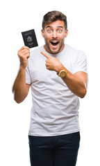 Poster - Young handsome man holding passport of united states over isolated background very happy pointing with hand and finger