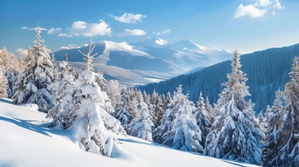 Poster - Snowy trees in the mountains under a blue sky