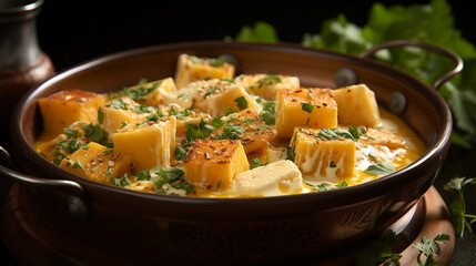 Wall Mural - Wide traditional Indian food recipe banner mage, detailed closeup photo of butter paneer curry in a serving dish on a restaurant table in dark background 