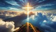 jesus appeared bright in the sky and christian cross with soft fluffy clouds white and beautiful with the light shining as hope love and freedom in the sky background