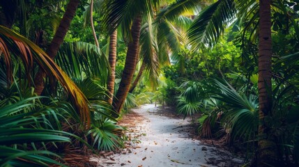 Sticker - A path winding through a lush jungle with tall palm trees