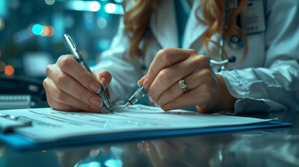 Wall Mural - Close-up view of female doctor hands filling patient registration form. Healthcare and medical concept.