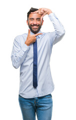 Poster - Adult hispanic business man over isolated background smiling making frame with hands and fingers with happy face. Creativity and photography concept.