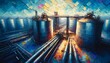 Artistic impression of a petrochemical plant with vibrant, stylized tanks and pipelines under a fragmented sky.

