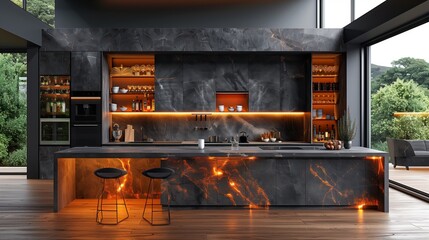 Wall Mural - A modern kitchen with a black countertop and a black bar